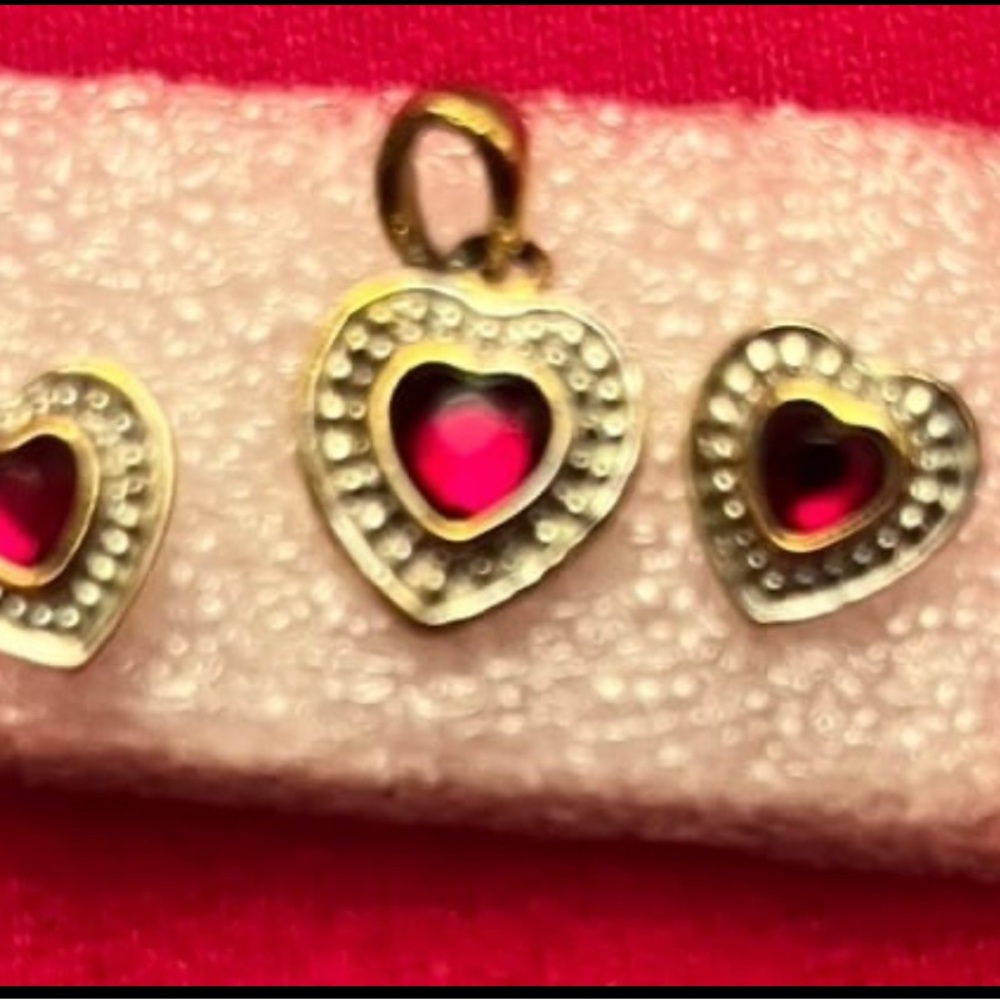 Heart Earrings & Pendant Set with Ruby-like gems and gold-tone posts